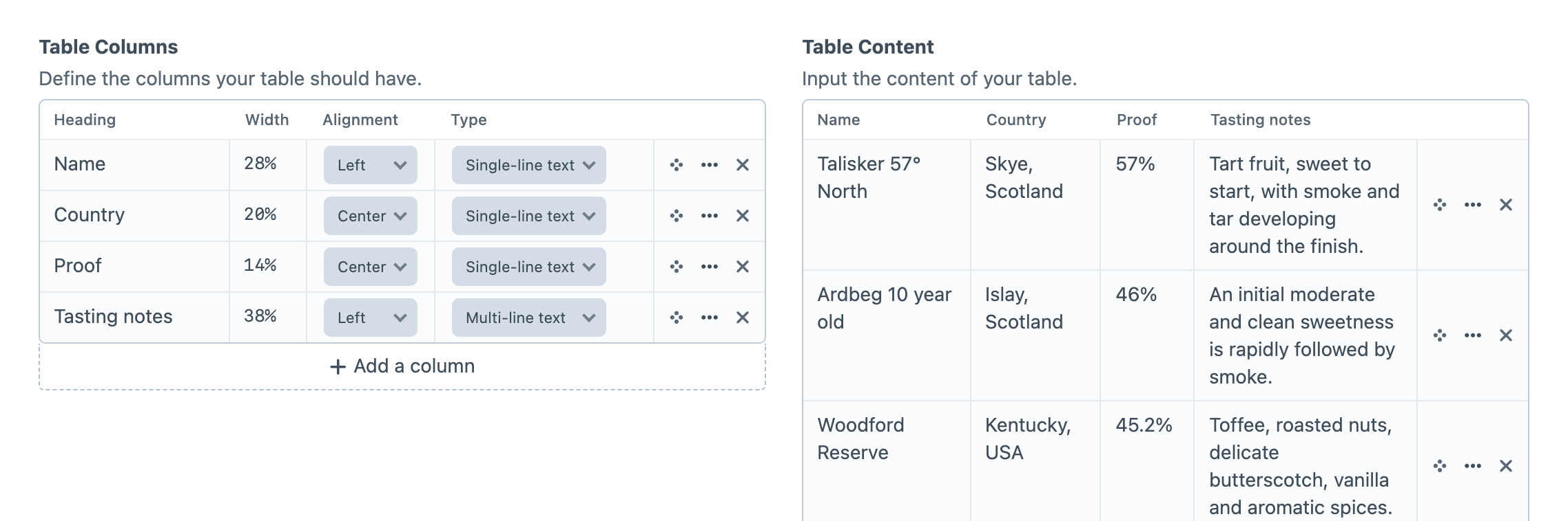 Table Maker field showing editable columns and rows in Craft.