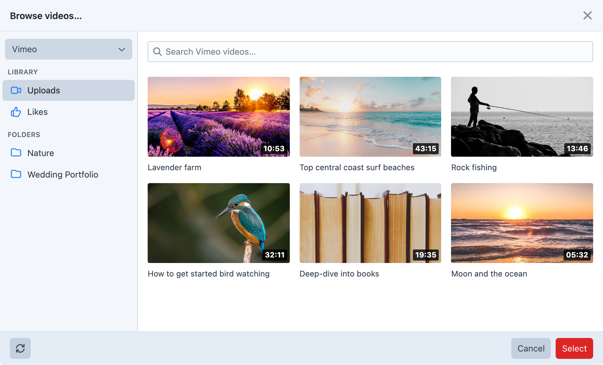Video Picker’s video explorer showing videos from a connected Vimeo library.