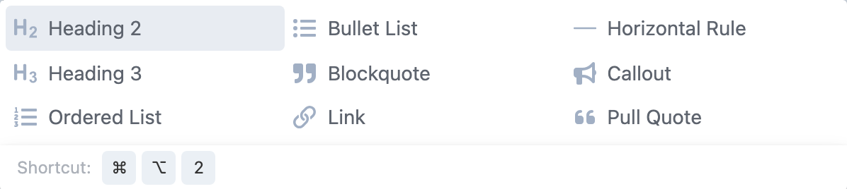 Vizy’s command palette offering formatting, media and structured block choices inline.