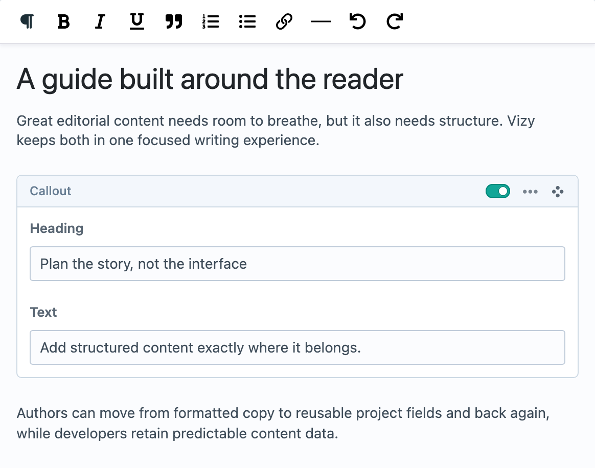 A populated Vizy field combining formatted copy with reusable structured blocks.