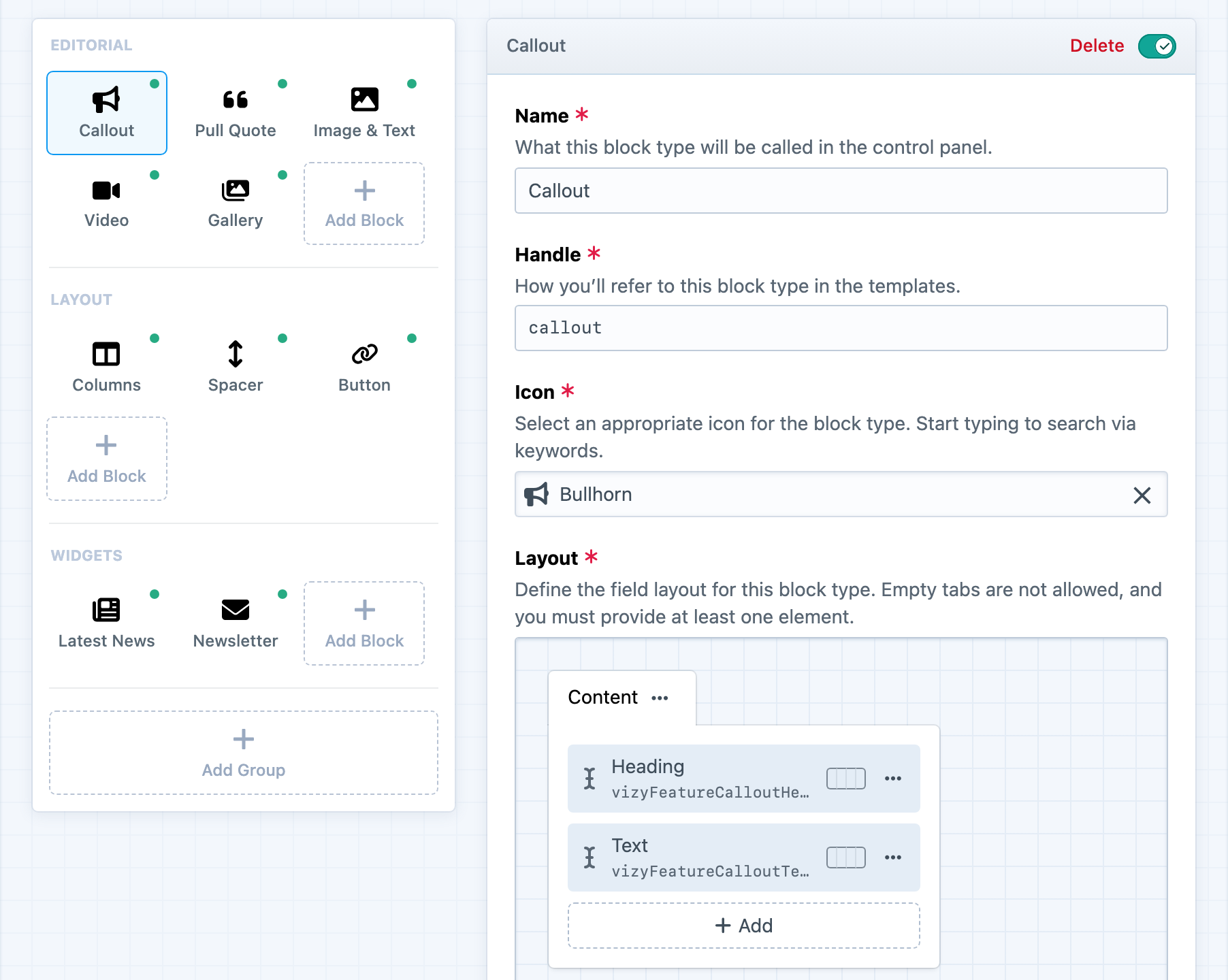A Vizy field configured with reusable Callout and Pull Quote blocks in Craft 5.