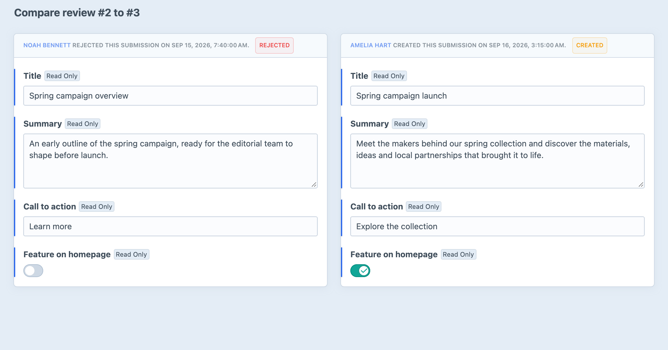 Two review states compared field by field in Craft.