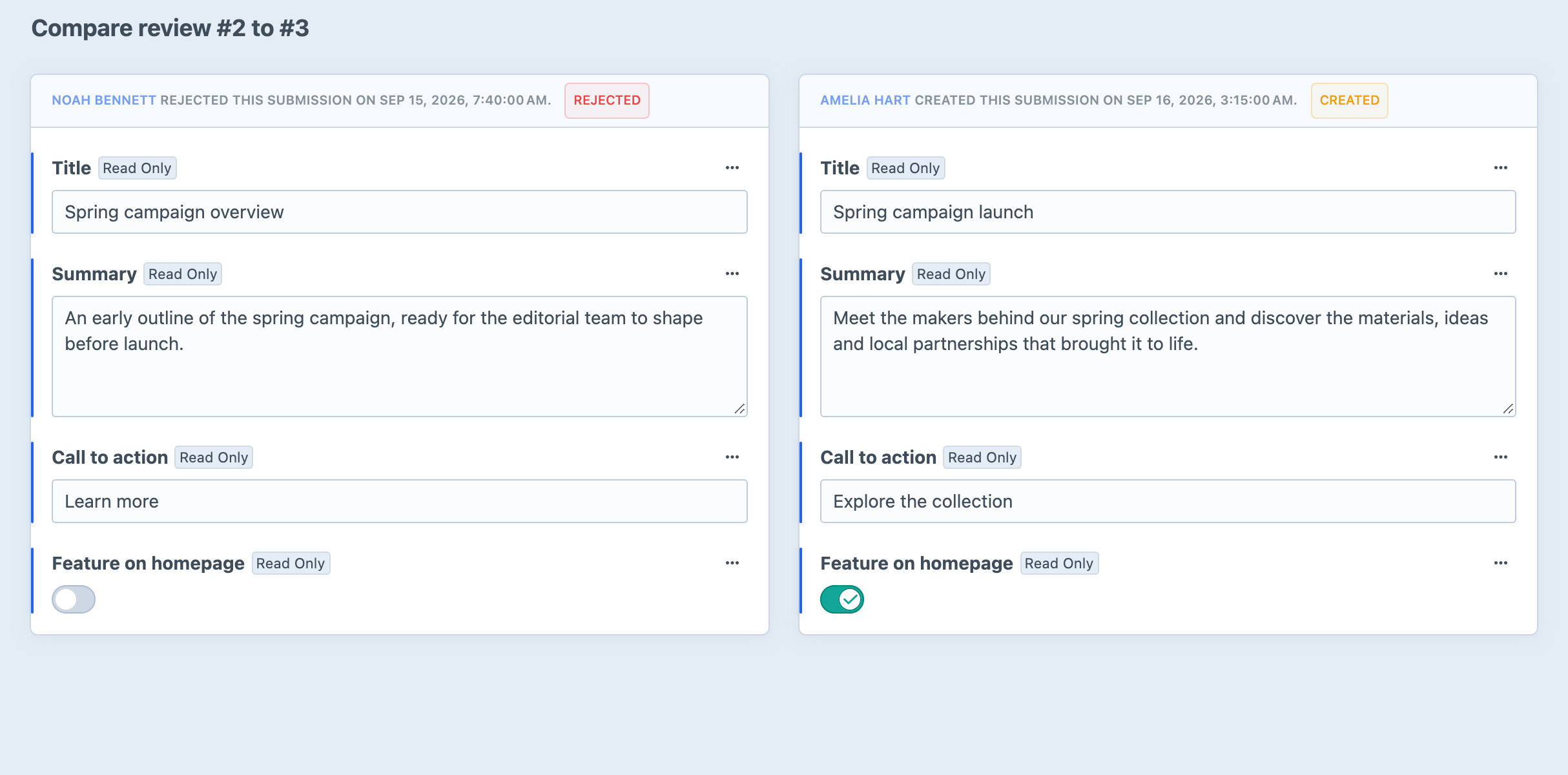 Two review states compared field by field in Craft.