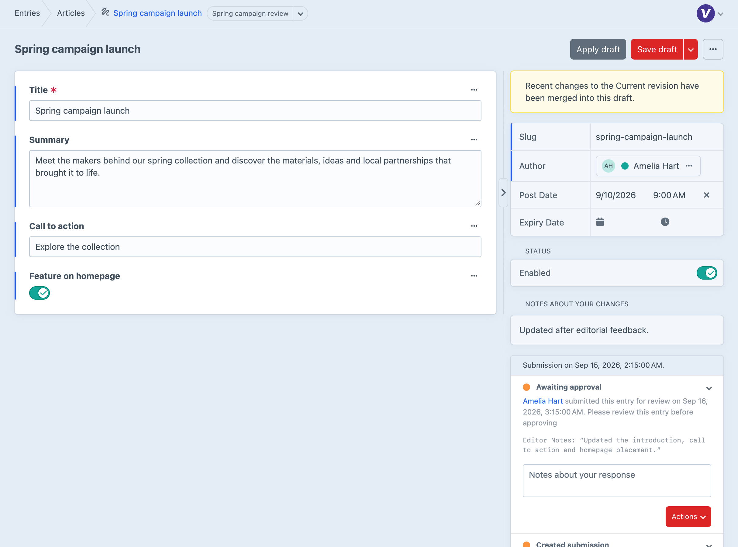 A pending entry with its approval controls and review history.