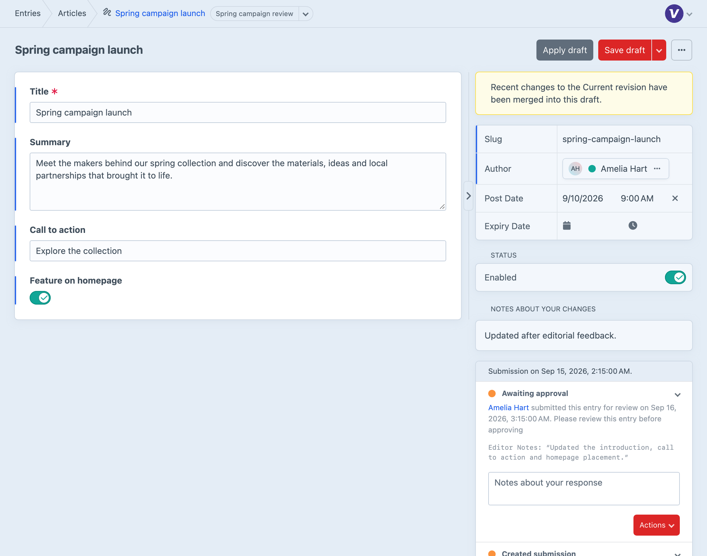 A pending entry with its approval controls and review history.