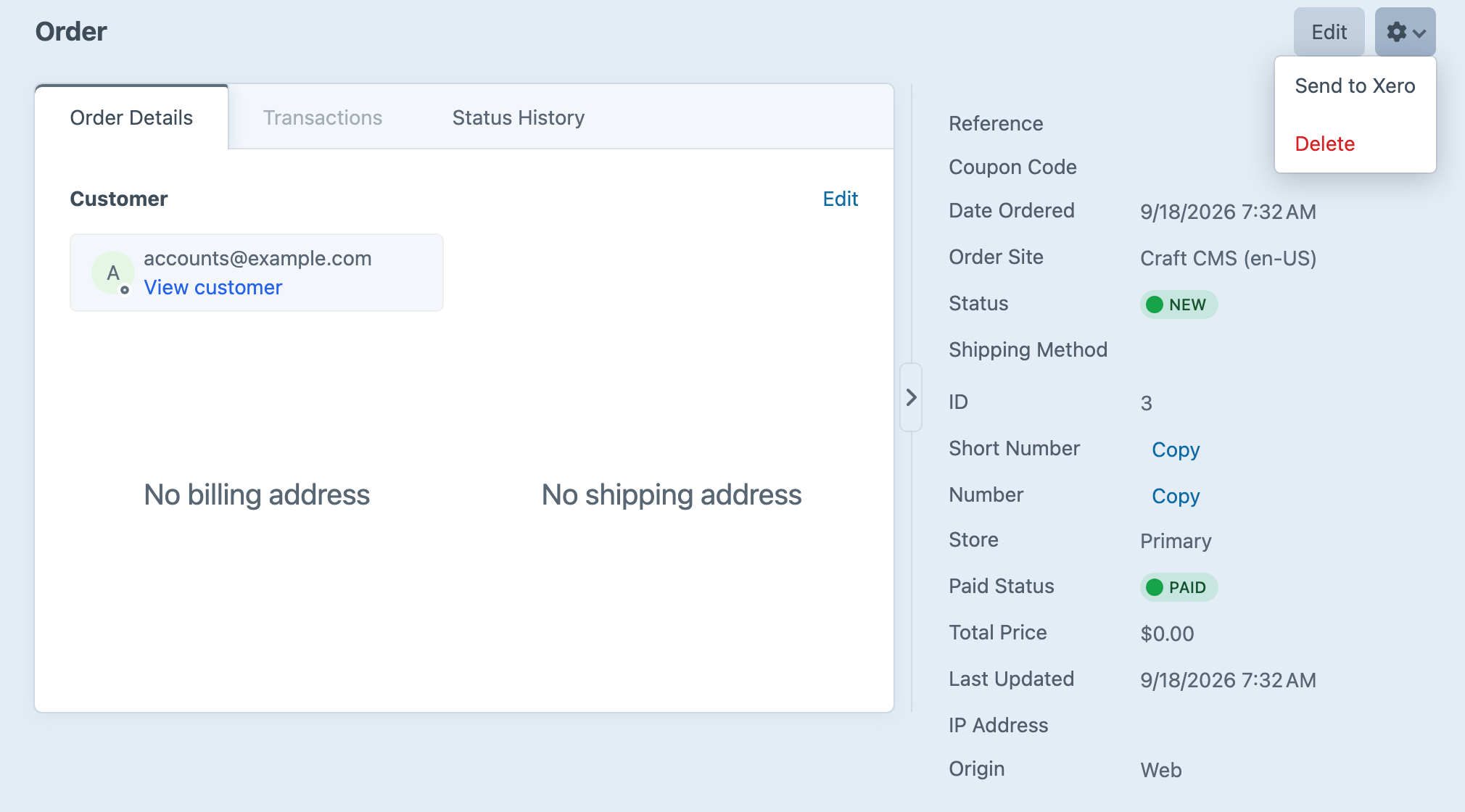 A completed Craft Commerce order with the Send to Xero action available.