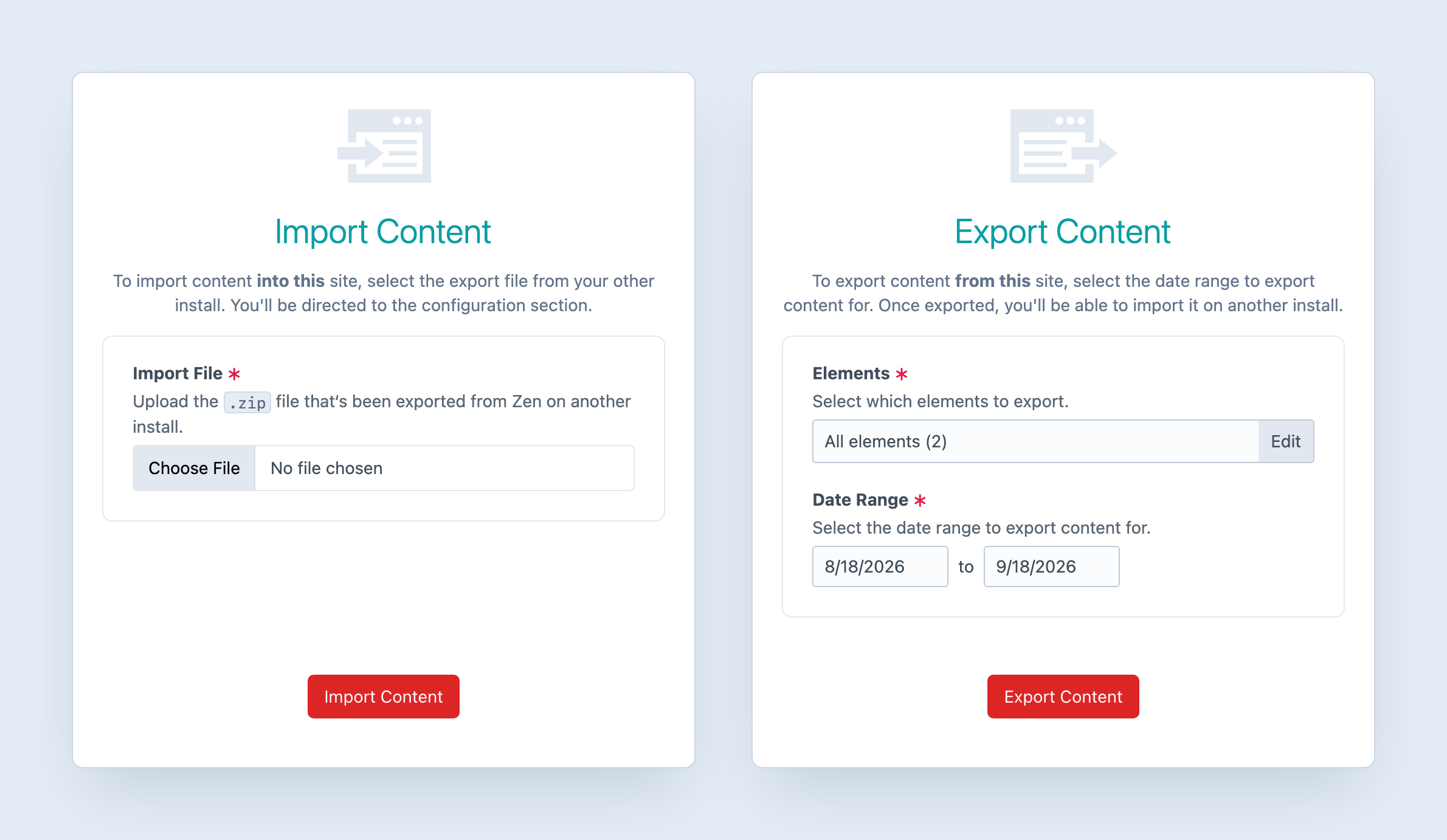 Zen’s import and export choices in Craft 5.